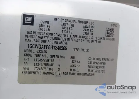 2017 Chevrolet Express 2500 Work Van из США, поврежденный, VIN 1GCWGAFF8H1246565